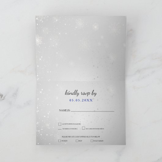 シルバーブルー王室のスノーフレーク冬の結婚式svp 招待状 (内部)