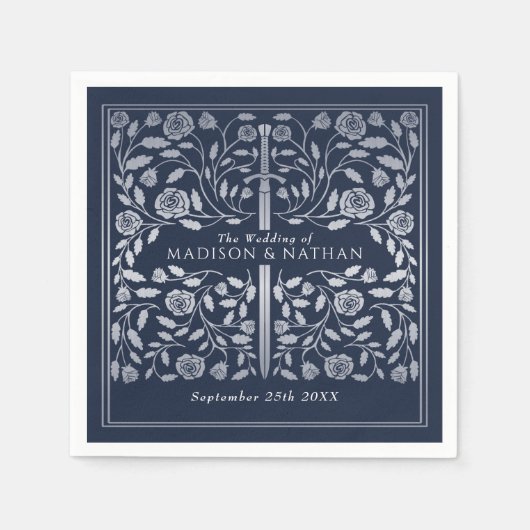 シルバーブルー王室の中世金ゴールドソード結婚ズ スタンダードカクテルナプキン (正面)