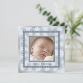 シルバーブルー男の赤ちゃんフォト《キリスト教》洗礼式や命名式バプテスマ 招待状 (スタンド正面)