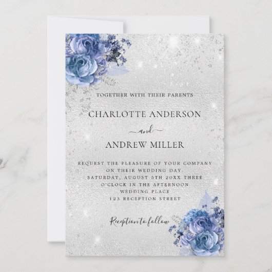 シルバーブルー花模様エレガントな結婚式 招待状 (正面)