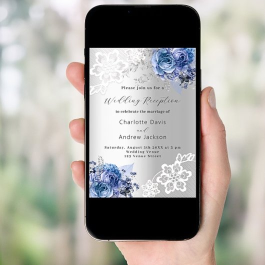 シルバーブルー花模様レース結婚式レセプション 招待状