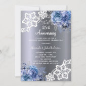 シルバーブルー花模様レース結婚25周年 招待状 (正面)
