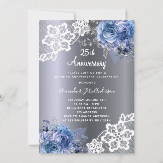 シルバーブルー花模様レース結婚25周年 招待状 (正面)