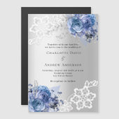 シルバーブルー花模様レース高級結婚式招待状 マグネット招待状 (正面/裏面)