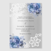 シルバーブルー花模様レース高級結婚式招待状 マグネット招待状 (正面)