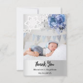 シルバーブルー花模様少年クロス洗礼写真 サンキューカード (正面)
