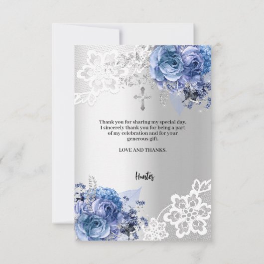 シルバーブルー花模様少年クロス洗礼写真 サンキューカード (裏面)