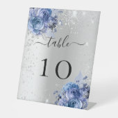 シルバーブルー花模様結婚のテーブル番号 台座サイン (正面)