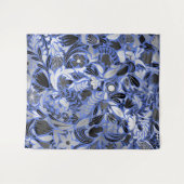 シルバーブルー葉フローライラストレーションパターン タペストリー (正面(横))