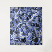 シルバーブルー葉フローライラストレーションパターン タペストリー (正面)