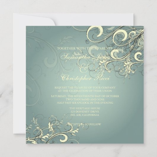 シルバーブルー/バニラが旋回する結婚式招待状 招待状 (裏面)