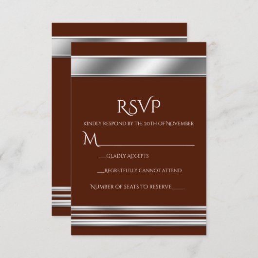 シルバープラチエレガントナシャインRSVPカード – 任意の色 出欠カード (正面/裏面)