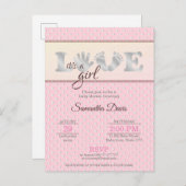 シルバーベビーガールLOVEとハートベビーシャワー インビテーションポストカード (正面/裏面)