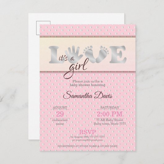 シルバーベビーガールLOVEとハートベビーシャワー インビテーションポストカード (正面/裏面)