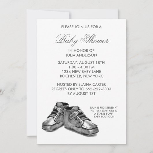 シルバーベビーシューズベビーシャワー招待状 招待状 (正面)