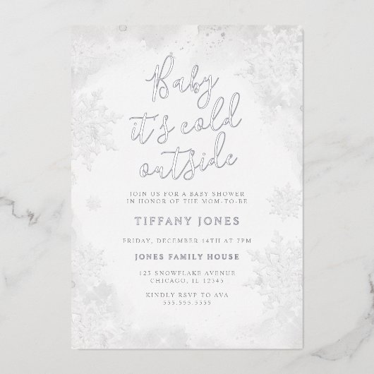 シルバーベビー外は冷たいベビーシャワー 箔招待状 (正面)