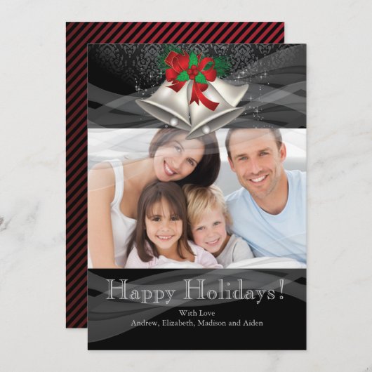 シルバーベルズクリスマスホリデーファミリーフォトカード 招待状 (正面/裏面)