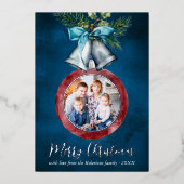シルバーベルネイビーブルークリスマスフォト 箔シーズンカード (正面)