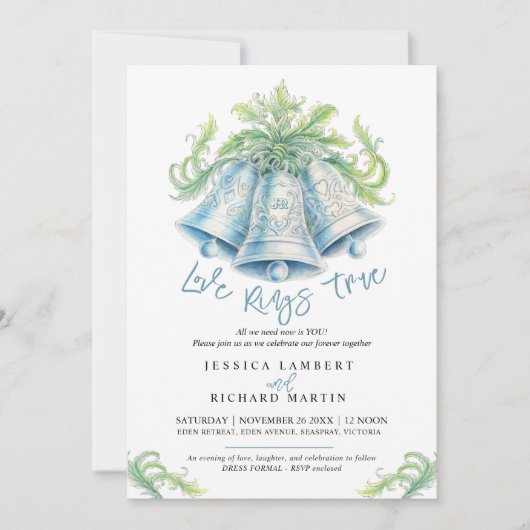 シルバーベルモノグラムの葉の結婚水色 招待状 (正面)