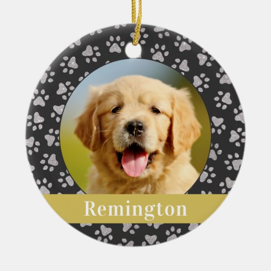 シルバーペットポープリントカスタム金ゴールドドッグ名写真 セラミックオーナメント (正面)