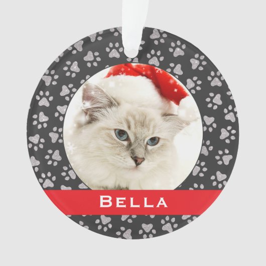 シルバーペットポープリント赤いカスタム猫の名前写真 オーナメント (正面)