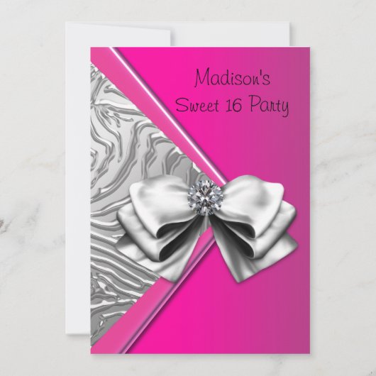 シルバーホットピンクゼブラスウィート16パーティー 招待状 (正面)