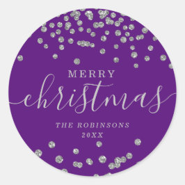 シルバーホリデークリスマスグリッター紙吹雪パープル ラウンドシール