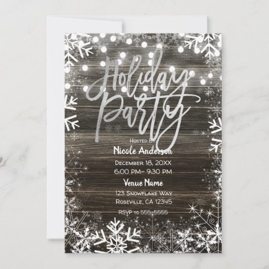 シルバーホリデーパーティーウッド&ウィンタースノーフレークスウッド 招待状 (正面)