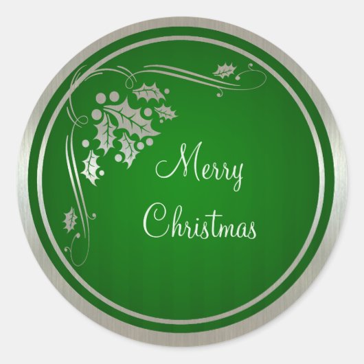 シルバーホリーと緑のクリスマスの渦巻き ラウンドシール (正面)