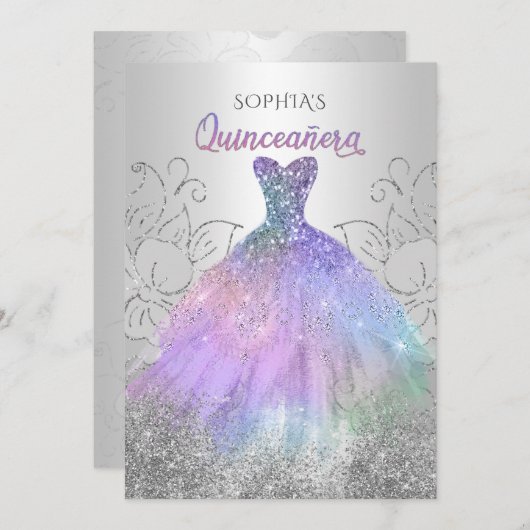 シルバーホログラムグリッタードレスクインセアニラカンス 招待状 (正面/裏面)