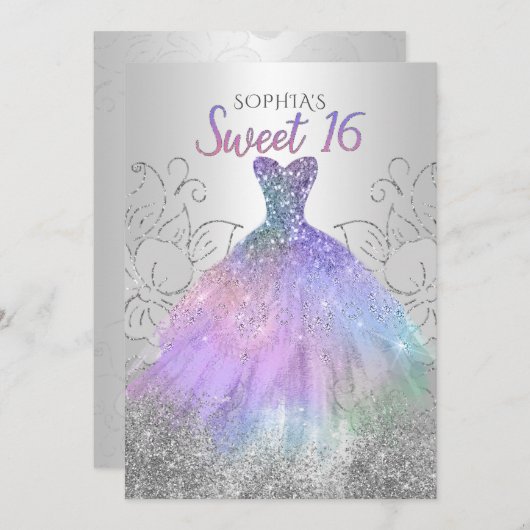 シルバーホログラムグリッタードレススウィート16誕生日 招待状 (正面/裏面)