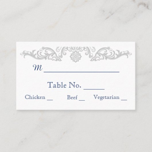 シルバーホワイトとネイビーダマスクの結婚式座席表 プレイスカード (正面)
