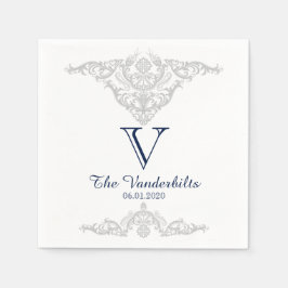 シルバーホワイトとネイビーダマスクウェディングナプキン スタンダードカクテルナプキン