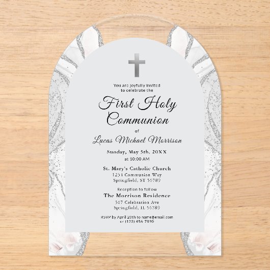 シルバーホワイトアゲート最初の聖餐式の少年 アクリル招待状 (正面)