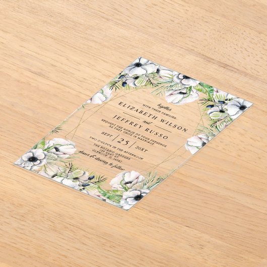 シルバーホワイトアネモネ金ゴールド幾何結婚の アクリル招待状 (レイダウン)