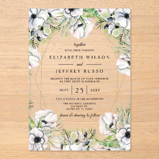 シルバーホワイトアネモネ金ゴールド幾何結婚の アクリル招待状 (正面)