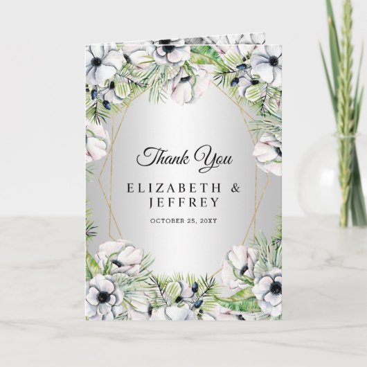 シルバーホワイトアネモネ金ゴールド幾何結婚の サンキューカード (正面)