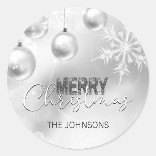 シルバーホワイトクリスマススノーフレーク雪くず ラウンドシール (正面)