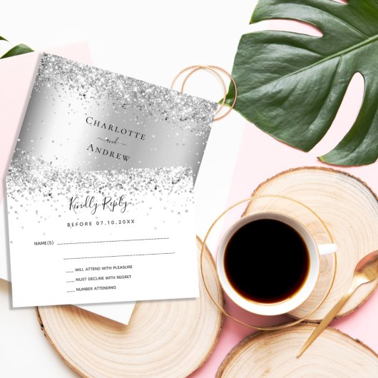 シルバーホワイトグリッターエレガントな結婚式RSVP ノートカード
