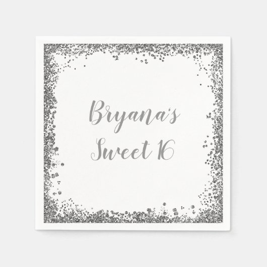 シルバーホワイトグリッターグラムエッジスウィート16パーティー スタンダードカクテルナプキン (正面)