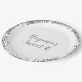 シルバーホワイトグリッターグラムエッジスウィート16パーティー ペーパープレート (アングル)