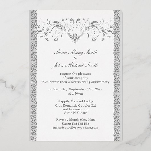 シルバーホワイトケルト結婚フローラ記念日 箔招待状 (正面)