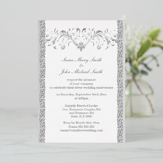 シルバーホワイトケルト結婚フローラ記念日 箔招待状 (立ち正面)