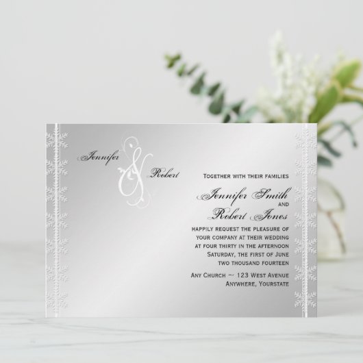 シルバーホワイトスノーフレーク冬の結婚式招待状 招待状 (スタンド正面)