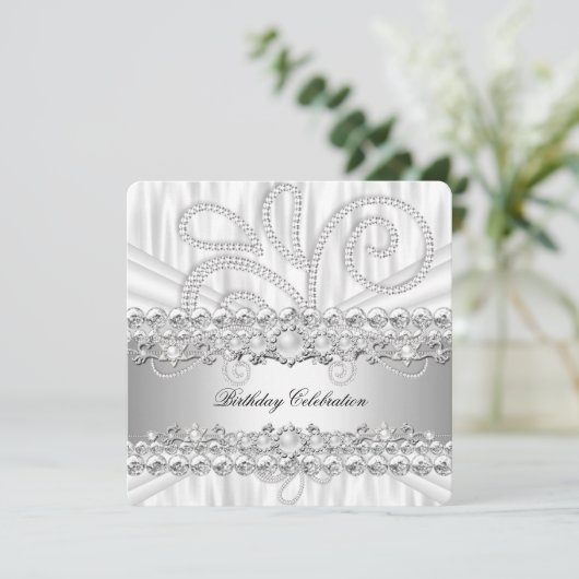 シルバーホワイトダイアモンズパールエレガントバースデーパーティー 招待状 (スタンド正面)
