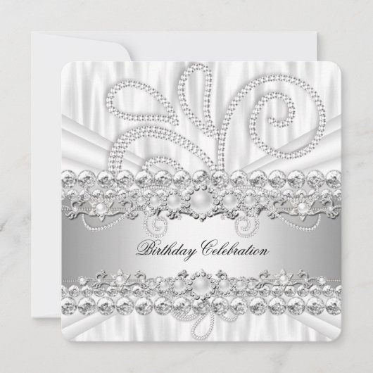 シルバーホワイトダイアモンズパールエレガントバースデーパーティー 招待状 (正面)