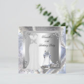 シルバーホワイトドレスハイヒールシューズシルバー誕生日 招待状 (スタンド正面)