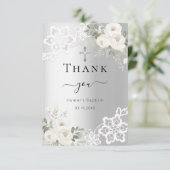 シルバーホワイトフローラレースバプテスマサンキューカード サンキューカード (スタンド正面)