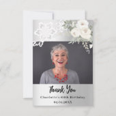 シルバーホワイトフローラレース誕生日の写真 サンキューカード (正面)