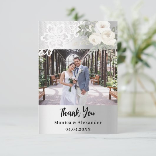 シルバーホワイトフローラ結婚レースサンキューカード サンキューカード (スタンド正面)